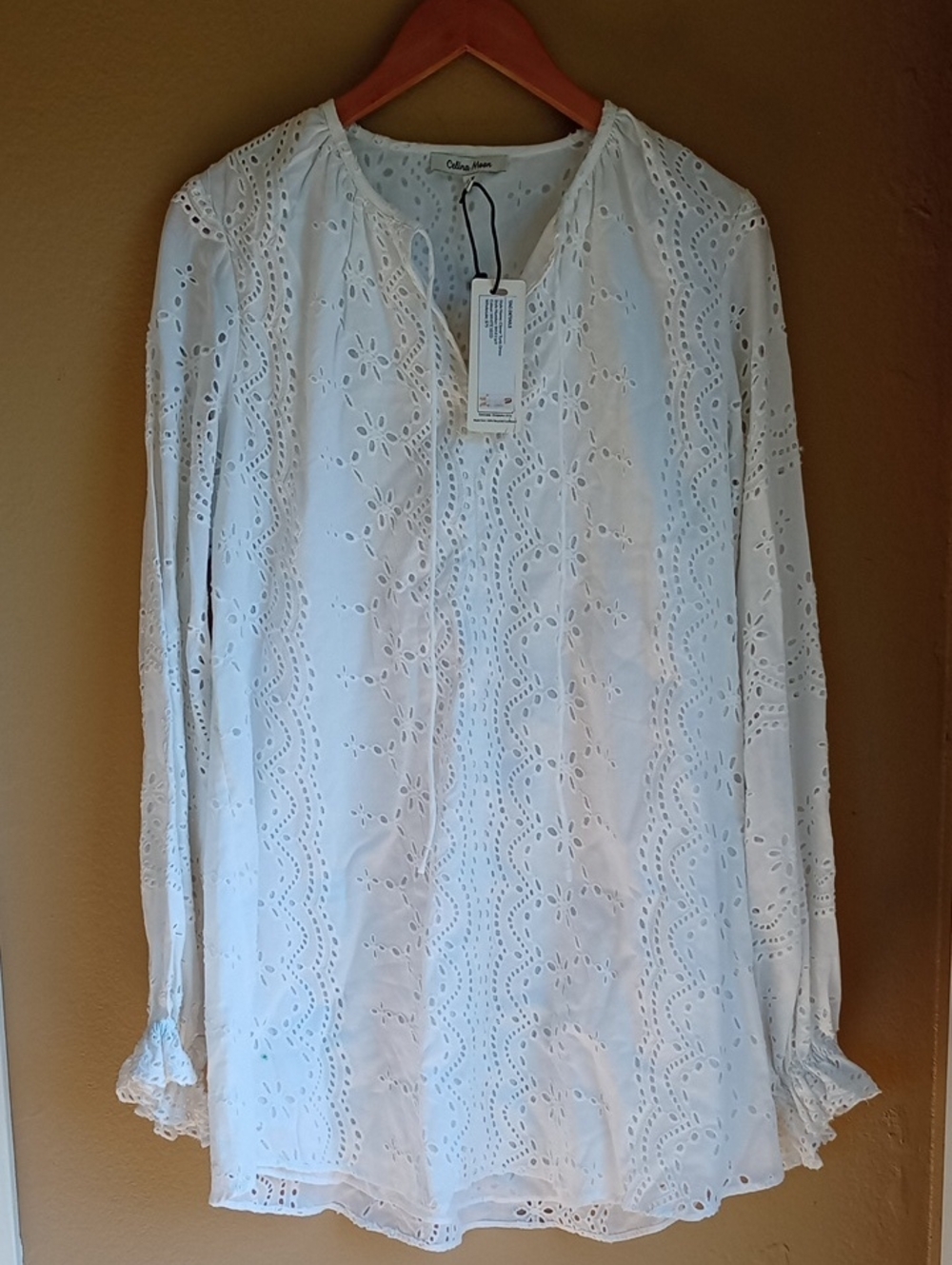 Celina Moon Eyelet White Long Sleeve Midi Shirt Dress Size S New With Tags